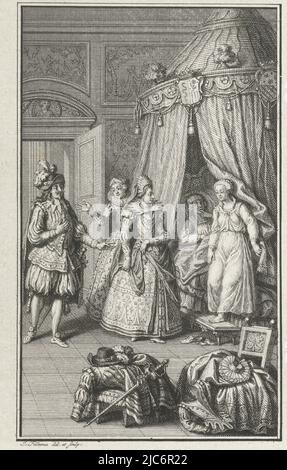 Tre figure riccamente vestite sono entrate in un dormitorio e trovano un uomo e una donna a letto. L'uomo è rimasto a letto mentre la donna si è scomodata in una camicia da notte. In primo piano, vestiti rimossi si trova attraverso una sedia e uno sgabello, coppia di amore catturato in una camera da letto, creatore di stampa: Jacob Folkema, (menzionato sull'oggetto), Jacob Folkema, (menzionato sull'oggetto), 1702 - 1767, carta, incisione, h 165 mm x l 121 mm Foto Stock