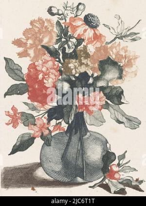 Cinque stampe di fiori in vasi di vetro vaso di vetro con fiori e di fronte al vaso un ramo con fiore, tipografo: anonimo, Jean Baptiste Monnoyer, Johan Teyler, Paesi Bassi, 1688 - 1698, carta, incisione, incisione, h 223 mm x l 148 mm Foto Stock