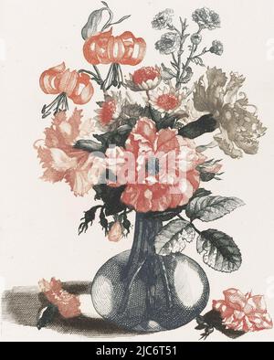 Cinque stampe di fiori in vasi di vetro vaso di vetro con fiori e di fronte al vaso un ramo con fiore, tipografo: anonimo, Jean Baptiste Monnoyer, Johan Teyler, Paesi Bassi, 1688 - 1698, carta, incisione, incisione, h 207 mm x l 159 mm Foto Stock