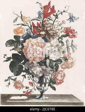 Cinque stampe di fiori in vasi di vetro vaso di vetro su base con fiori, tipografo: anonymous, Jean Baptiste Monnoyer, Johan Teyler, Paesi Bassi, 1688 - 1698, carta, incisione, incisione, h 304 mm x l 242 mm Foto Stock