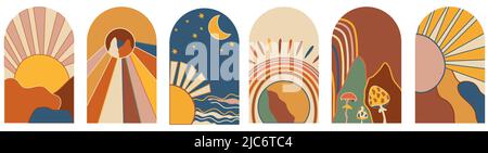 70s poster grovy, sfondo retro tramonto, poster digitale Abstract Sunset. Stile hippy vintage. Poster retrò su sfondo bianco. Illustrazione vettoriale. Illustrazione Vettoriale