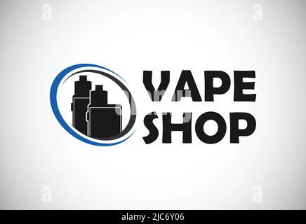 Vape, modello con logo e-sigaretta. Vape shop illustrazione vettoriale del logo del vaporizzatore elettronico. Illustrazione Vettoriale