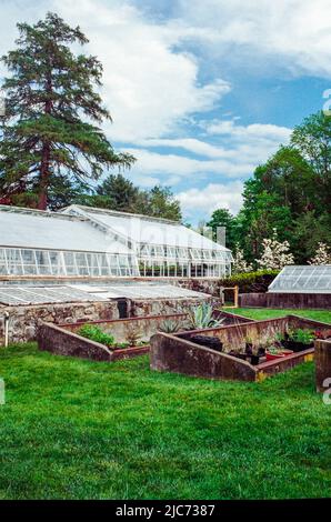 Un gruppo di serre a Stevens-Coolidge casa e giardino. L'immagine è stata acquisita su pellicola analogica. Nord Andover, Massachusetts Stati Uniti Foto Stock