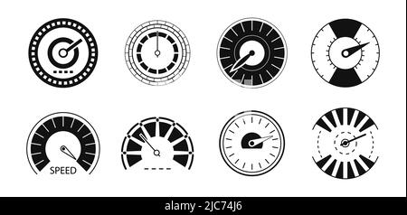 Set di icone tachimetro. Scala in stile contorno. Icona contagiri. Simbolo dell'indicatore di velocità. Metro di velocità dell'automobile in linea. circuito ic linea segnale velocità rapida Illustrazione Vettoriale