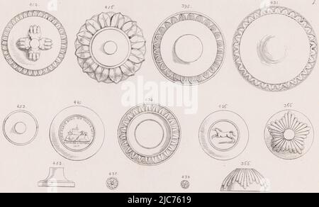 Disegni per medaglioni ornati con motivi floreali, zampe di leoni, un paesaggio e un cavallo. Tutti gli oggetti sono numerati. Numerato in alto a sinistra III. La stampa fa parte di un album con una serie di sei ornamenti. Medaglioni, tipografia: anonimo, , Germania, dopo il 31-Ott-1817, carta, incisione, h 229 mm x l 293 mm Foto Stock