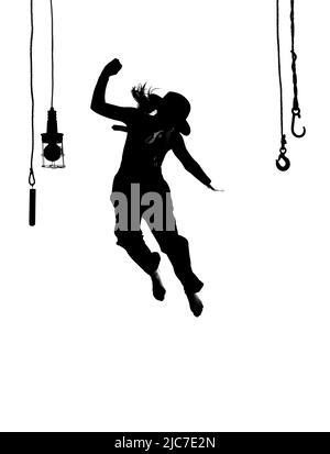 Una ballerina femminile è visto ballare sul palco. Vestita con abiti da uomo e con un cappello da uomo, si vede saltare a mezz'aria come una silhouette. Foto Stock