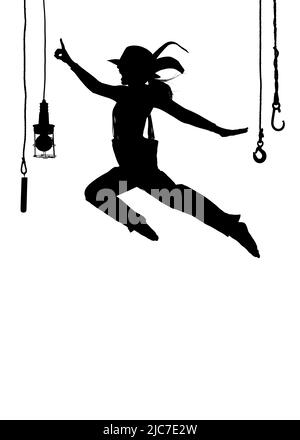 Una ballerina femminile è visto ballare sul palco. Vestita con abiti da uomo e con un cappello da uomo, si vede saltare a mezz'aria come una silhouette. Foto Stock