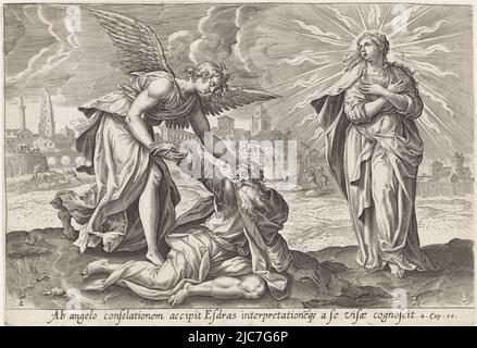 L'angelo Uriel conforta Ezra e lo aiuta. Accanto a Esdra la sua visione della donna radiosa Sion. Come lei scompare Ezra vede la città in costruzione sullo sfondo. Sotto la rappresentazione un riferimento in latino al testo apocrifale della Bibbia nel 4 Esdra 10. Seconda visione di Ezra: Ezra confortata dall'angelo visioni di Ezra Thesaurus sacrarum historiarum veteris testamenti , redatrice intermediaria: Maerten de Vos, tipografia: anonimo, editore: Gerard de Jode, Anversa, 1585, carta, incisione, a 205 mm x l 295 mm Foto Stock