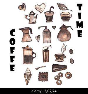 Set di illustrazioni acquerello di icone tazze di caffè, bollitori, teiera, tazze, dessert, isolato su sfondo bianco. Concetto di collezione di caffè e dessert Foto Stock