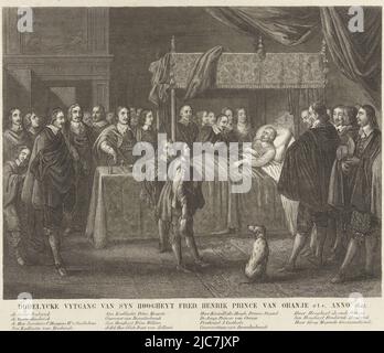 Interno con Federico Enrico sul suo letto di morte, 14 marzo 1647. Intorno al letto ci sono familiari e amici, alcuni dei quali sono chiamati sotto la scena. Morte del Principe Federico Enrico, 1647 Dodelycke uytgang van syn hoogheyt Fred. Henrik Prince van Oranje ecc. anno 1647, tipografo: anonymous, Cornelis van Dalen (i), dopo: Adriaen Pietersz. Van de Venne, Olanda, 1800 - 1899, carta, incisione in acciaio, a 220 mm x l 280 mm Foto Stock