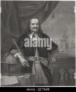 Ritratto dell'ammiraglio Michiel Adriaansz. De Ruyter. Egli appoggia il braccio su un globo e tiene in mano uno staff di comando. Su un piccolo tavolo ci sono una mappa del mare e due bussole. Sullo sfondo un condimento. Ritratto di Michiel Adriaansz. De Ruyter, tipografia: Willem van Senus, dopo: Ferdinand Bol, 1841, carta, incisione, incisione, h 482 mm x l 398 mm Foto Stock