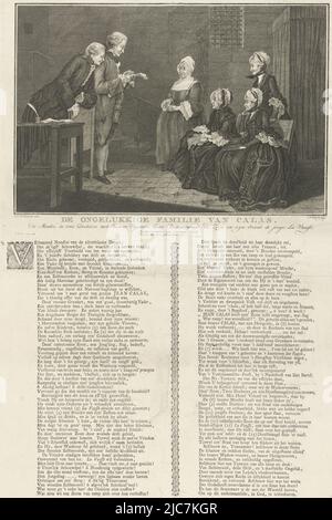 Il mercante francese Jean Calas di Tolosa fu accusato falsamente di aver ucciso il figlio di 30 anni nel 1761. Calas (Calvinista) avrebbe ucciso suo figlio perché voleva convertirsi al cattolicesimo. La sua famiglia, di cui Voltaire si è preso cura, è in prigione qui. A destra ci sono la madre e la figlia più antica, dietro di loro c'è la figlia più giovane. Il secondo figlio poggia su una sedia a sinistra e si trova accanto al signor la Vaysse che legge un documento da cui la famiglia trae speranza. Per le scale, la cameriera ascolta. Nel marzo 1762 Calas fu messo a morte. Sul foglio sotto la scena c'è un testo in olandese in Foto Stock