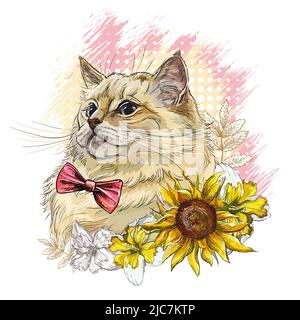 Testa di gatto con cravatta ad arco e girasoli. Stampa stile disegnata a mano. Illustrazione vettoriale isolata su sfondo bianco. T-shirt composizione, stampa, design, st Illustrazione Vettoriale