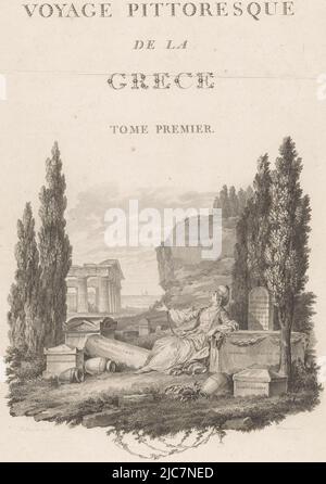 Paesaggio costiero con rovine e una rappresentazione allegorica della Grecia come donna incatata in un cimitero pagina del titolo per: Marie-Gabriel-Florent-Auguste de Choiseul-Gouffier, Voyage pittoresque de la Grece, 1782, tipografo: Charles Nicolas Varin, (menzionato sull'oggetto), disegnatore intermediario: Jean Michel Moreau, (menzionato in oggetto), Beaublé fils, (menzionato in oggetto), tipografo: Parigi, Relatore intermedio: Francia, Francia, editore: Parigi, 1782, carta, incisione, incisione, h 391 mm x l 300 mm Foto Stock