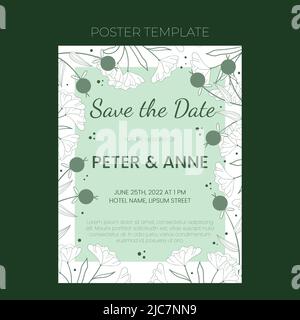 Modello di invito floreale per matrimoni in stile doodle disegnato a mano, design di carte di invito con fiori e foglie di linea, puntini e bacche. Cornice decorativa vettoriale su sfondo bianco e verde. Illustrazione Vettoriale