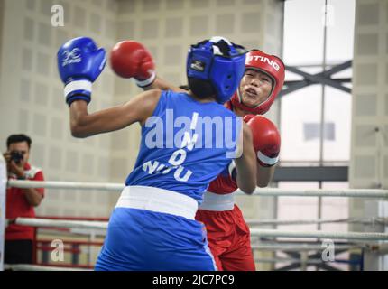 NEW DELHI, INDIA - GIUGNO 10: Boxer MC Mary Kom (Red) e Nitu (Blue) durante le prove di qualificazione Elite Women CWG 2022, all'IG Stadium il 10 giugno 2022 a New Delhi, India. Mary Kom, sei volte campione del mondo di pugilato, è stata esclusa dai Giochi del Commonwealth del 2022 dopo aver ferito se stessa nel primo round delle semifinali di prova del 48kg. (Foto di Sanchit Khanna/Hindustan Times/Sipa USA) Foto Stock