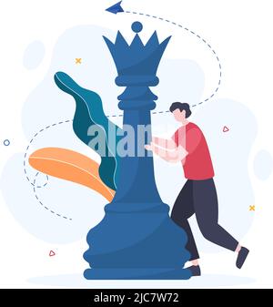 Chess Board Game Cartoon background Illustration con due persone sedute l'una di fronte all'altra e giocando per l'attività di Hobby in stile piatto Illustrazione Vettoriale
