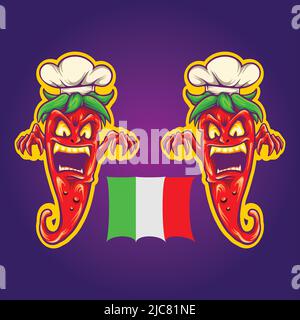 Pauroso peperoncino piccante italiano con illustrazioni vettoriali cappello chef per il vostro logo di lavoro, t-shirt merchandising, adesivi e disegni etichetta, poster Illustrazione Vettoriale