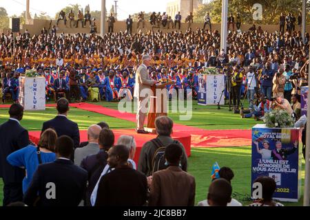 Repubblica Democratica del Congo. 10th giugno 2022. RDC Congo seconda giornata Lady Denise Nyakeru, RDC Congo Presidente Felix Tshisekedi, Regina Mathilde del Belgio e Re Philippe - Filip del Belgio - discorso del re Philippe all'università di Lubumbashi - durante una visita ufficiale della coppia reale belga nella Repubblica Democratica del Congo, 10 del giugno 2022, a Kinshasa. Il Re e la Regina Belga visiteranno Kinshasa, Lubumbashi e Bukavu dal 7th giugno al 13th giugno. Photo by Olivier Polet/ABACAPRESS.COM Credit: Abaca Press/Alamy Live News Foto Stock