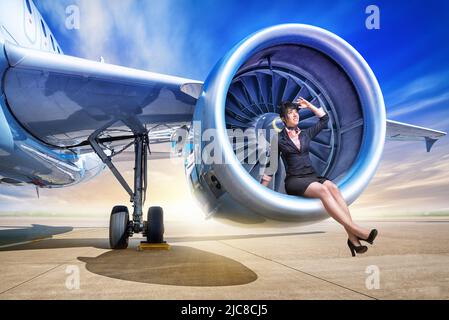 giovane stewardess seduto in un motore jet Foto Stock