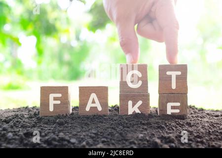 Mano che cambia falso a fatto parola su blocchi di legno. Combattere le notizie false e il concetto di giornalismo onesto e responsabile. Foto Stock