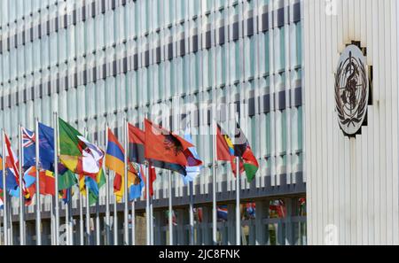 Ginevra Svizzera - 30 maggio 2022 : firma e logo dell'Organizzazione Mondiale della Sanità (OMS/OMS) sulla sede centrale Foto Stock