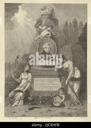 Memoriale di Hubert Nicou, sacerdote e pastore della Chiesa cattolica romana francese di Leida, morto nel 1818. La colonna presenta il ritratto di Nicou e la base mostra una targa con un testo a sette righe in olandese. Il monumento è affiancato dalla fede con un libro in grembo e in mano una cresta, e dalla religione in lutto. Un putto mostra l'immagine di un interno della chiesa. A terra si trovano la torcia spenta e rotta e una clessidra che significa morte. Sullo sfondo a sinistra, due figure si trovano tra le carovani di grano, una rivolta verso la luce del sole. Le pulegge legate insieme indicano il Foto Stock