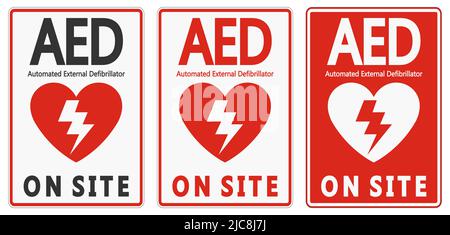 Simbolo etichetta del cartello AED su sfondo bianco Illustrazione Vettoriale