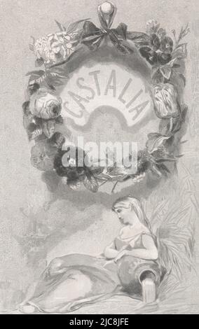 Illustrazione per il libro degli anni Castalia. Il 'Castalia' circostante è una ghirlanda di rose, tulipani e altri fiori. Sotto la corona, una signora siede da una brocca da cui scorre l'acqua, illustrazione per il libro degli anni Castalia, tipografia: Christiaan Lodewijk van Kesteren, disegnatore intermedio: Charles Rochussen, 1867, carta, incisione in acciaio, h 154 mm x w 102 mm Foto Stock