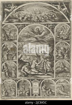 Dio crea Adamo ed Eva in paradiso (sotto). Dio crea il cielo e la terra e pone il globo tra il sole, la luna e le stelle (sopra). Questa scena centrale (#1) è incorniciata da scene numerate raffiguranti la vita di Cristo. A sinistra, dal basso verso l'alto: L'annuncio (n. 2), la nascita di Cristo (n. 3) e il Cristo crocifisso (n. 4). Destra, dall'alto verso il basso: La risurrezione di Cristo (n. 5), l'ascensione (n. 6) e il Giudizio universale (n. 7). Sotto, da sinistra a destra: Pentecoste, con l'effusione dello Spirito Santo (n. 8), Santa comunione (n. 9), perdono dei peccati (no Foto Stock