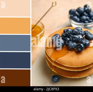 Gustosi pancake con miele e frutti di bosco a tavola. Diversi motivi di colore Foto Stock