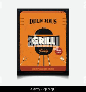 Delicious BBQ Party Flyer Design con Charcoal Grill su sfondo arancione e nero. Illustrazione Vettoriale