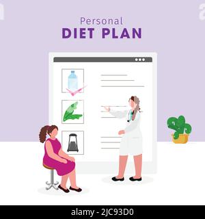 Dottore Female che dà consigli di piano di dieta personale al suo paziente su Violet e sfondo bianco per il concetto Stay Fit. Illustrazione Vettoriale