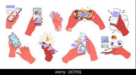 Mani che tengono lo smartphone. Persone che utilizzano telefoni cellulari. Illustrazione Vettoriale