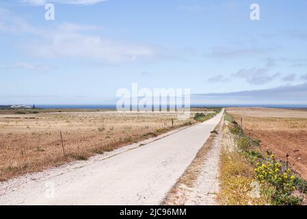 Strada rurale in Algarve che si estende in lontananza (Portogallo) Foto Stock