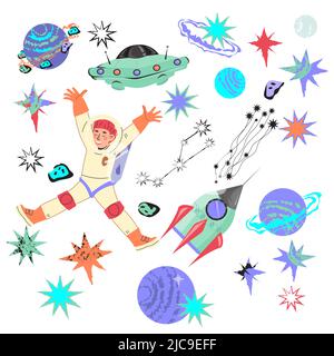 Icone spaziali impostate con divertente astronauta bambino in astronuit spaziale con razzo e UFO e astronave spaziale. Illustrazione Vettoriale