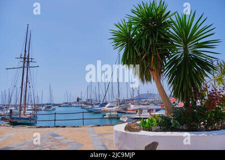 Playa Blanca, Lanzarote, Spagna, 29 aprile 2019 Yacht Boats Mooring a Rubicon Porto di Playa Blanca. Le Isole Canarie sono molto popolari Holiday Destinatio Foto Stock