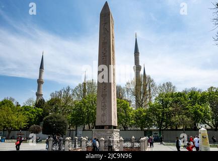 L'antico obelisco egiziano di Teodosio si trova in piazza Sultanahmet, Istanbul, Türkiye. Foto Stock