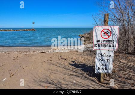 Targhette informative sul Sandy Shores del lago Erie, Ohio Stati Uniti Foto Stock