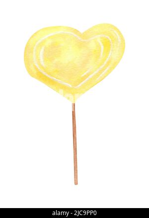 Caramelle acquerello. Lecca-lecca a forma di cuore. Disegno a mano. Canna di caramelle isolato su sfondo bianco. Lecca lecca gialla Foto Stock