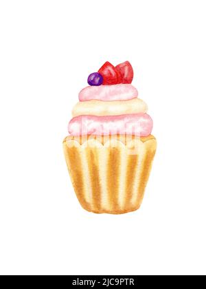 Cupcake acquerello, muffin con crema a tre strati. Pan di Spagna con fragole e mirtilli. Cottura fatta in casa. Disegno a mano. Isolato su bianco Foto Stock