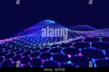 Nano griglia esagonale. Rete molecolare di nido d'ape collegati. Rete neurale. Concetto di nanotecnologia e big data. 3D illustrazione Foto Stock