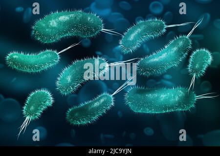 Microbi al microscopio. Virus e microrganismi. 3d illustrazione sul tema della ricerca scientifica Foto Stock