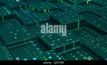 Codice macchina, illustrazione del compilatore software 3D. Flusso di codice binario nel cyberspazio blockchain. Analisi dei big data e privacy delle informazioni Foto Stock