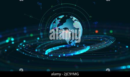 Analisi dei dati, logistica aziendale, strategia aziendale. Tecnologie Internet e innovazioni della realtà virtuale. 3d illustrazione dell'ologramma Foto Stock