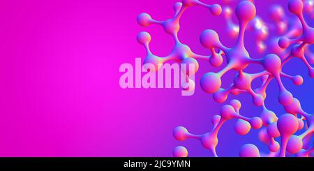 Banner luminoso e colorato. Neon, viola, ultravioletto, rosa e blu. Illustrazione della molecola 3D. Scienza, istruzione, ricerca, innovazione Foto Stock
