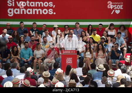 11 giugno 2022, Malaga, Spagna: Leader del partito socialista regionale andaluso e candidato al governo andaluso Juan Espadas (C) è visto pronunciare un discorso durante un raduno per la campagna elettorale andalusa. Dopo l'annuncio delle elezioni regionali che si terranno il 19th giugno, i principali partiti politici hanno iniziato a tenere eventi e raduni in diverse città dell'Andalusia. Diversi sondaggi sui media pongono in testa il Partito popolare andaluso, nonostante l'ascesa del partito spagnolo di estrema destra VOX. I partiti di sinistra dello spettro politico sono frammentati. (Credit Image: © Jesus M Foto Stock