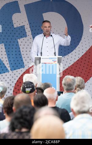 11 giugno 2022, Sassonia, Görlitz: Sebastian Wippel (AFD), membro del parlamento di Stato e candidato alla carica di amministratore distrettuale, parla a Marienplatz in occasione di una campagna elettorale del suo partito. L'occasione è l'elezione del consiglio distrettuale nel distretto di Görlitz il 12 giugno 2022. Foto: Sebastian Kahnert/dpa Foto Stock