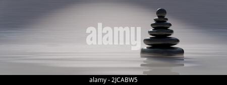 Balance pietra, Zen ciottoli impilare su acqua. Spa wellness e meditazione yoga concetto, liscia piramide di roccia, spazio copia. Terapia olistica. 3d rendering Foto Stock