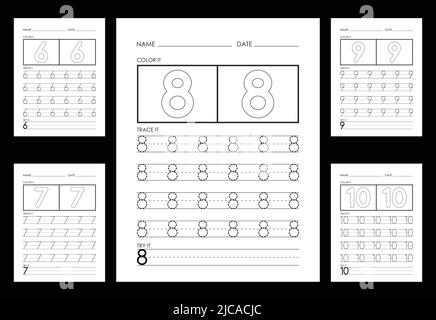 Numeri di traccia e di colorazione fogli di lavoro numeri di apprendimento. Illustrazione Vettoriale